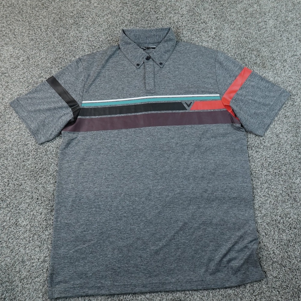Callaway Polo Shirt Mens L Gray Stripe Golf Performance Stretch Short Sleeve Top
